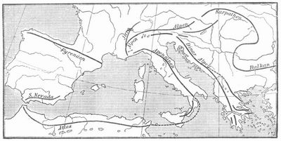 Fig. 2. Karte der haupts�chlichsten Streichungslinien des Alpensystems und der angrenzenden Gebiete.