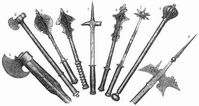 Fig. 1. Fu�g�ngerstreitaxt mit Waffenschmiedemarke, auf dem Holzschaft Glockenwappen der Stadt Mindelheim in Schwaben, Anfang 16. Jahrh.  2. Kleine Reiterstreitaxt mit Hammeransatz, 15. Jahrh.  3, 4, 6 u. 7. Gotische Streitkolben (K�ri�bengel), Ende 15. Jahrh.  5. Kleiner Reiterstreithammer, in Form eines sogen. Luzerner Hammers (s. d.), Falkenschnabel, Ende 15. Jahrh.  8. Ungarischer Streitkolben (Buzogany), 16. Jahrh.  9. Deutsche Hellebarde mit Klingenf�nger, zweite H�lfte des 16. Jahrh. S�mtlich in der Sammlung Rose, Berlin.