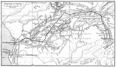 Eisenbahn von Swakopmund nach Windhuk und Trace der Otavibahn.