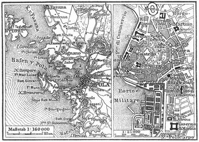 Lageplan und K�rtchen der Umgebung von Pola.