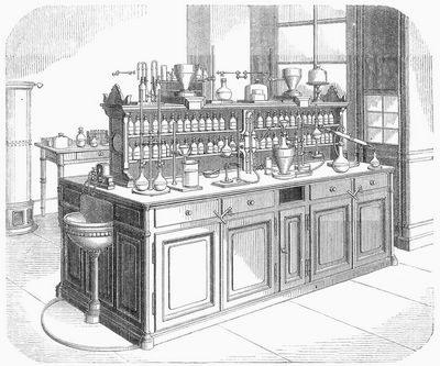Chemisches Laboratorium (Arbeitstisch).