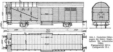 Abb. 1. Gedeckter G�terwagen der �sterr. Staatsbahnen f�r volumin�se G�ter. Eigengewicht 10∙9 t. Ladegewicht 15 t.