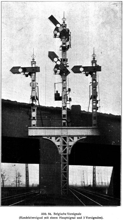 Abb. 94. Belgische Vorsignale (Kandelabersignal mit einem Hauptsignal und 3 Vorsignalen).