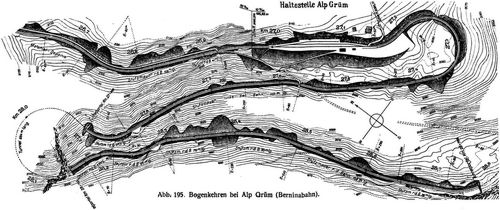 Abb. 195. Bogenkehren bei Alp Gr�m (Berninabahn).